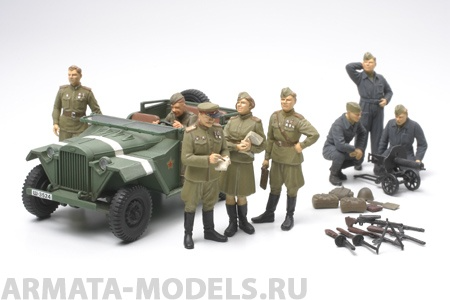 89767 Советский военный автомобиль газ 67Б с офицерами, пулеметчиками и вооружением, всего 8 фигур Tamiya