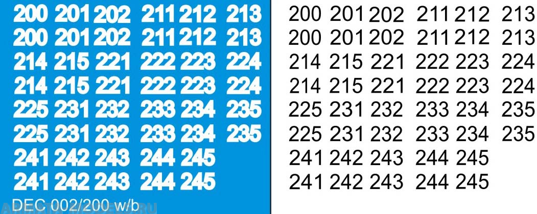 DEC002/200 Номера на немецкую технику масштаб 1/100 с 100 по 400. Цвет – белый контур + черный центр