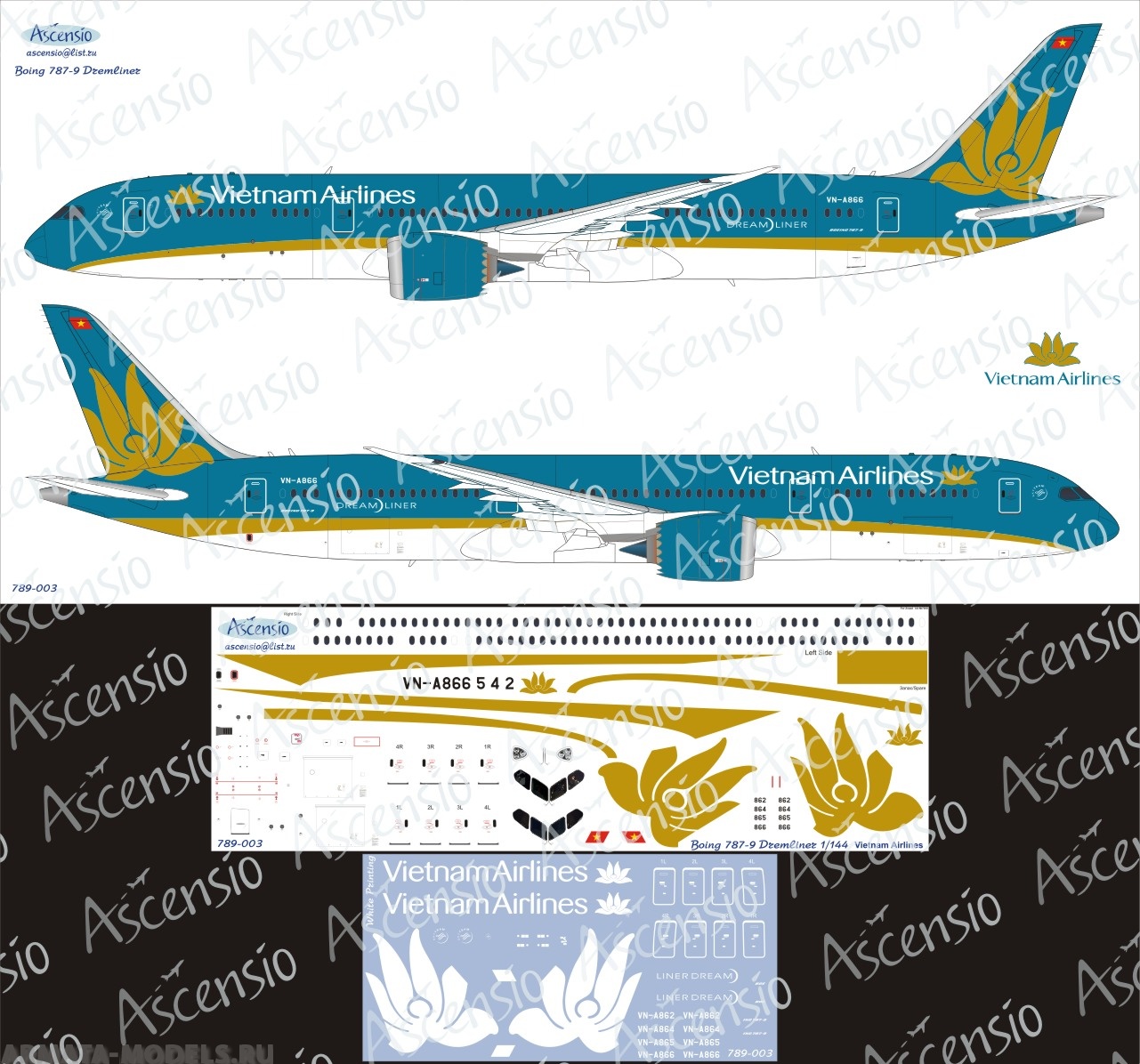 789-003 Декаль для самолета Boeing 787-9 Vietnam Airlines 1/144