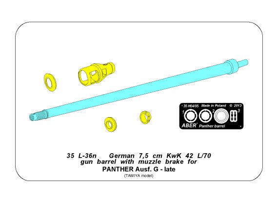 ABR-35-L-36n  Дополнения для  German 7,5cmKwK42L/70 gun barrel with muzzle brake for Panther Ausf. G Late для Tamiya 1/35