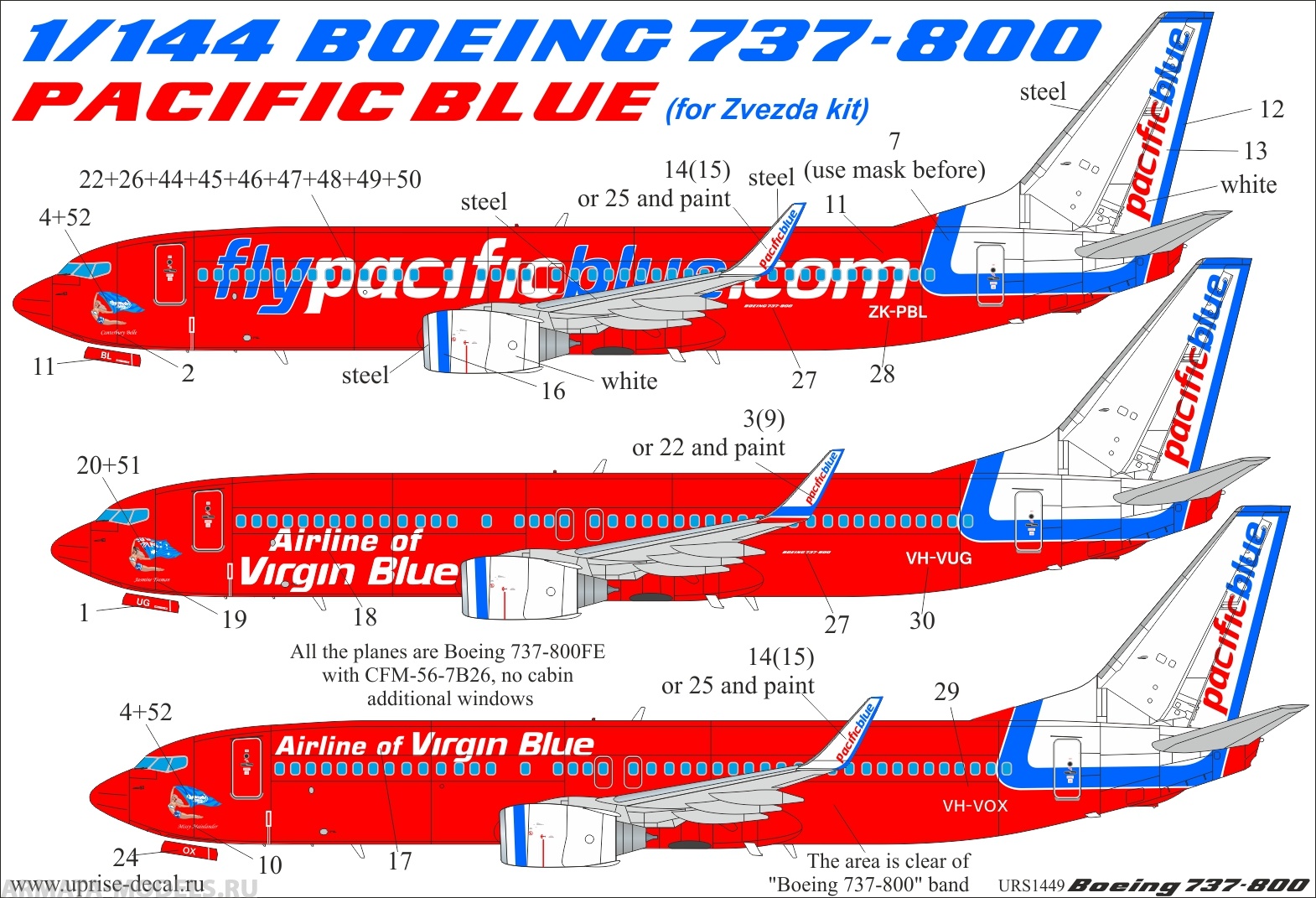 URS1449 Декали для Boeing 737-800 Pacific Blue Old with stencils